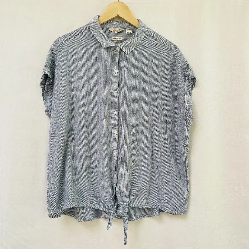 Weatherproof Washable Linen Blue White Pinstripe Tie Front Blouse Womens Large